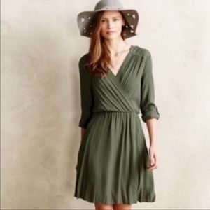 Anthropologie (Maeve) XS olive green plunge long sleeve wrap dress